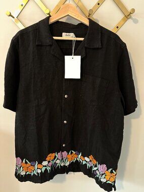 Bather Tuscany Linen Camp Shirt NWT Black Floral Embroidered Men's L Retail $250